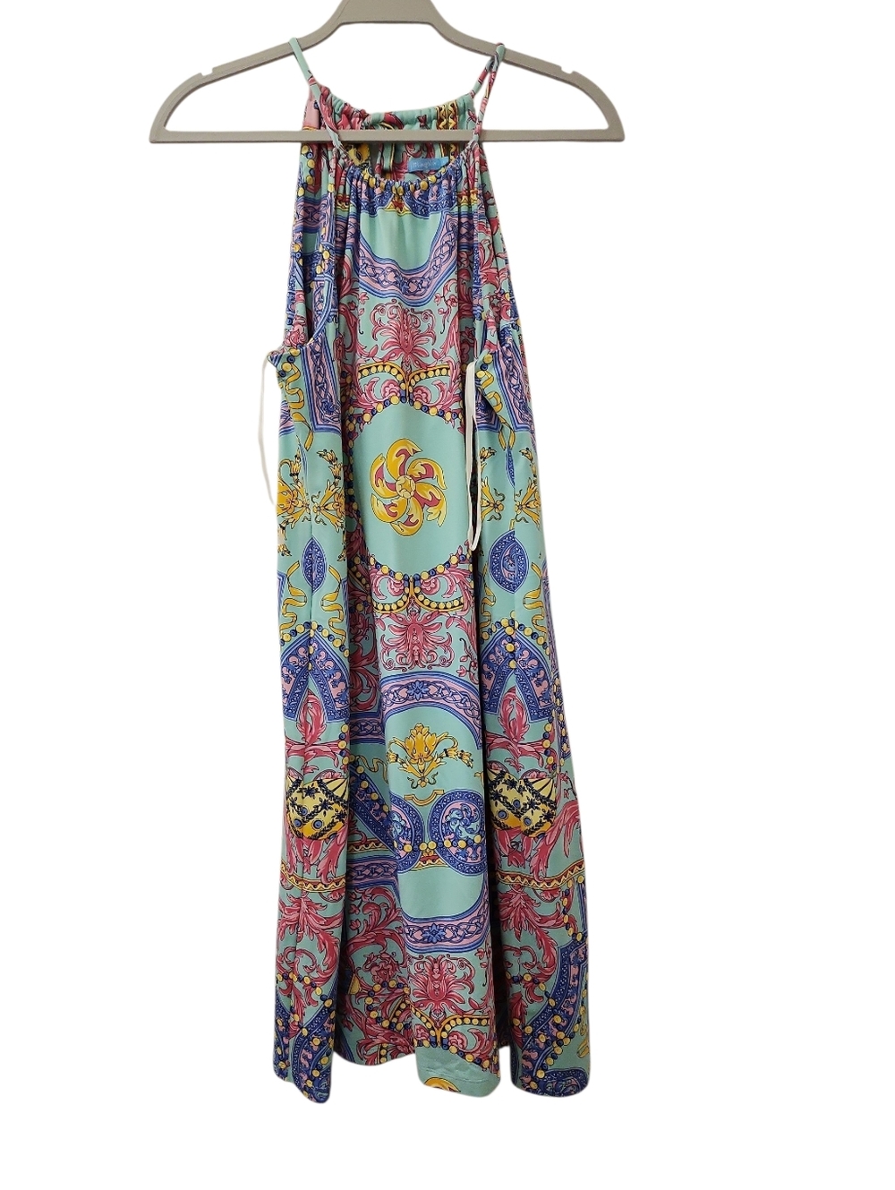 J. Mclaughlin Boho Print Halter Mini Dress Aqua & Multicolor Costal Size Large